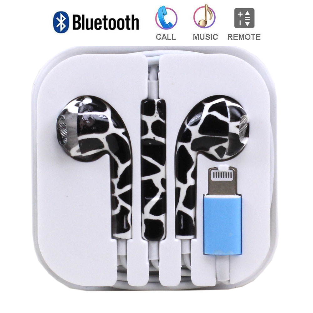 Bluetooth WIRED Lightning Design Earbuds for Apple iPHONE (Black White Leopard Print)